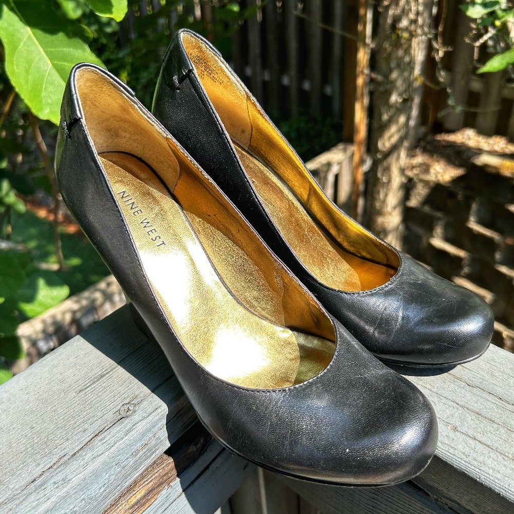 Nine West Women's 8 Wedges Black Leather Shoes Heels Pumps